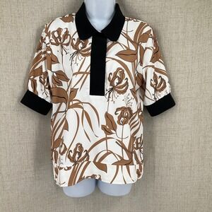 A. Putnam Polo Top Womens Size M White Tan Floral Short Sleeve Golf Athletic